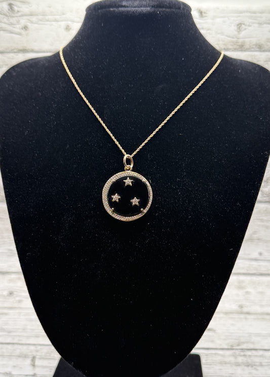 Three-Star Disc Pendant – 14k Yellow Gold with Black Onyx & White Diamonds