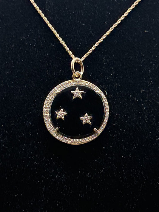 Three-Star Disc Pendant – 14k Yellow Gold with Black Onyx & White Diamonds