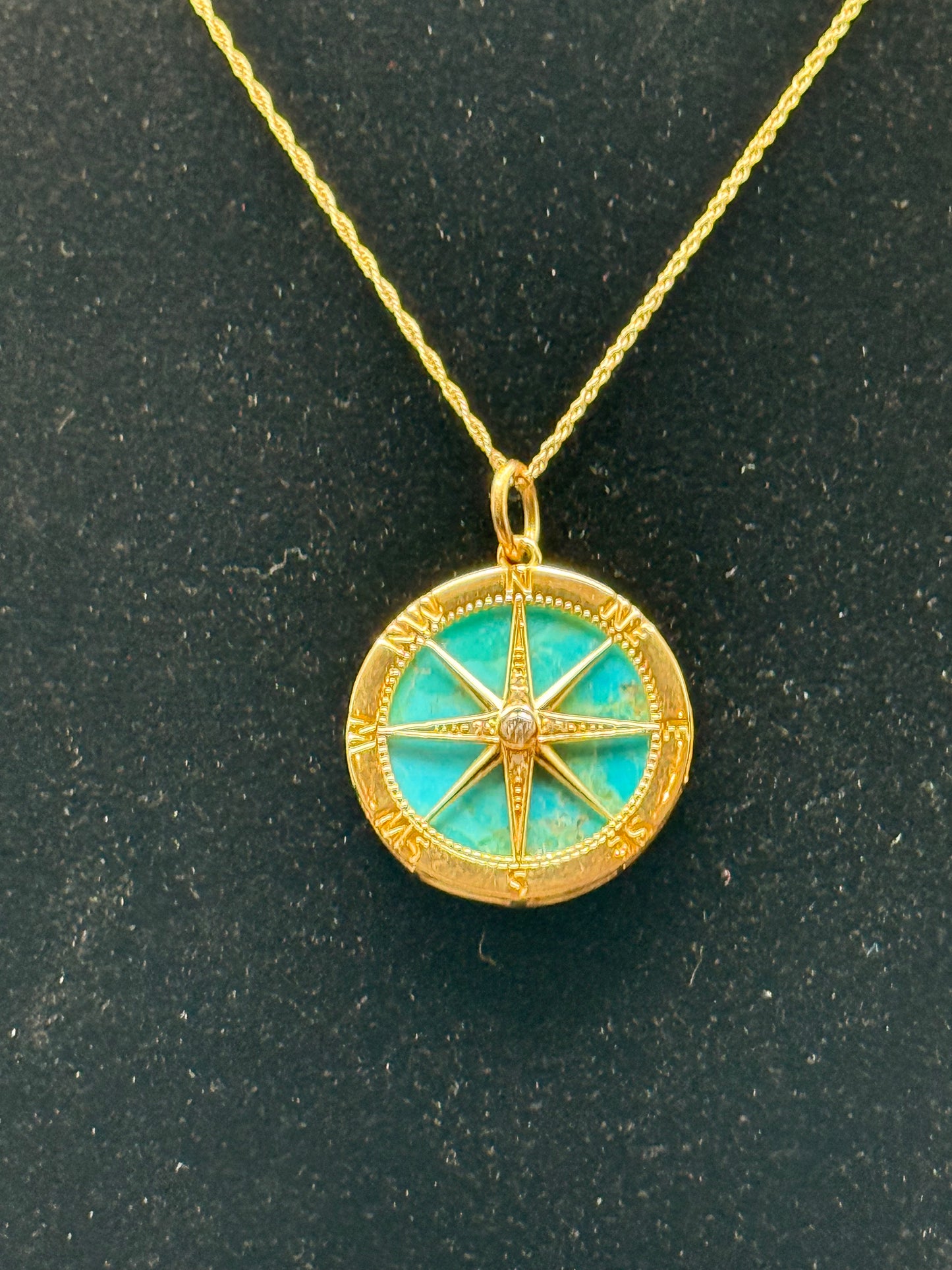 Compass Rose Pendant – 14k Yellow Gold with Turquoise Inlay & White Diamonds