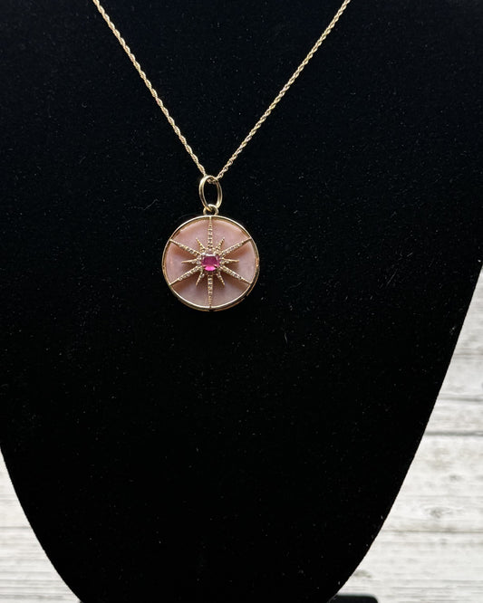 Ruby Starburst Disc Pendant – 14k Yellow Gold, Pink Opal & White Diamonds