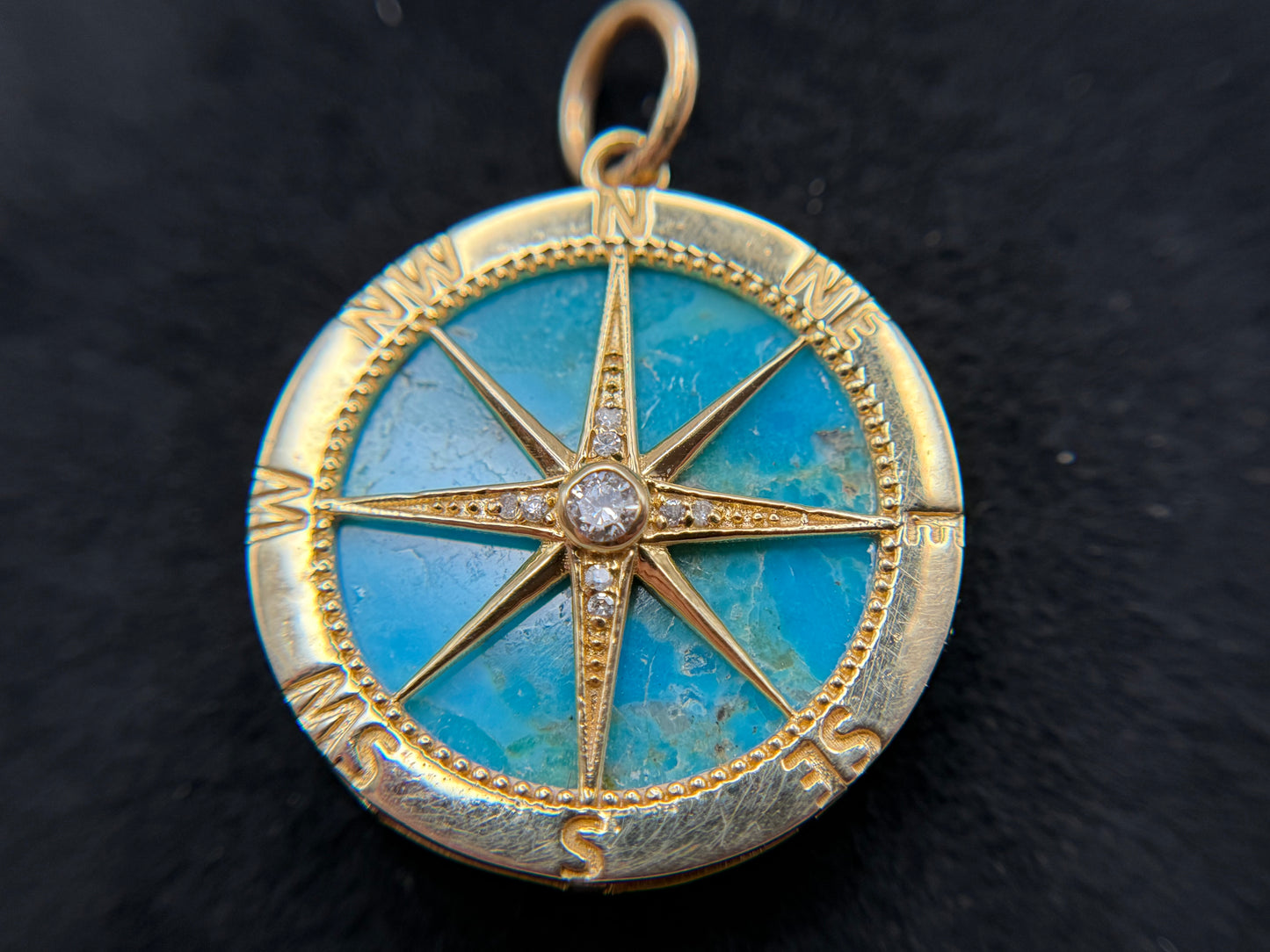 Compass Rose Pendant – 14k Yellow Gold with Turquoise Inlay & White Diamonds
