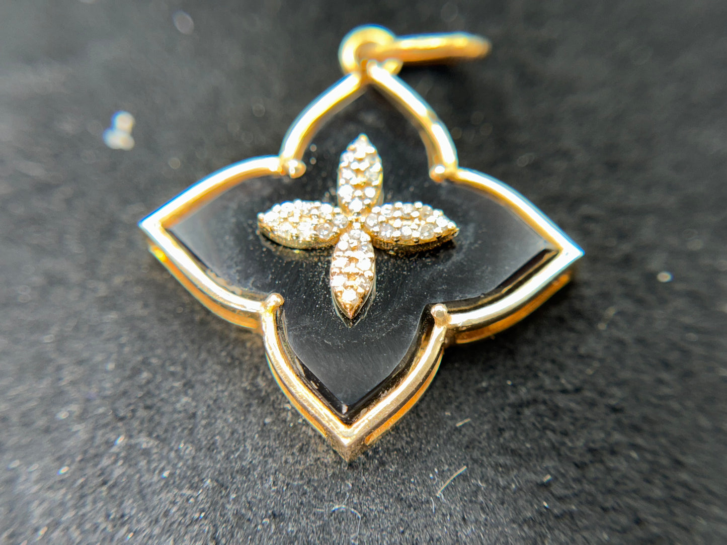 Black Opal Clover Pendant – 14k Yellow Gold with White Diamonds