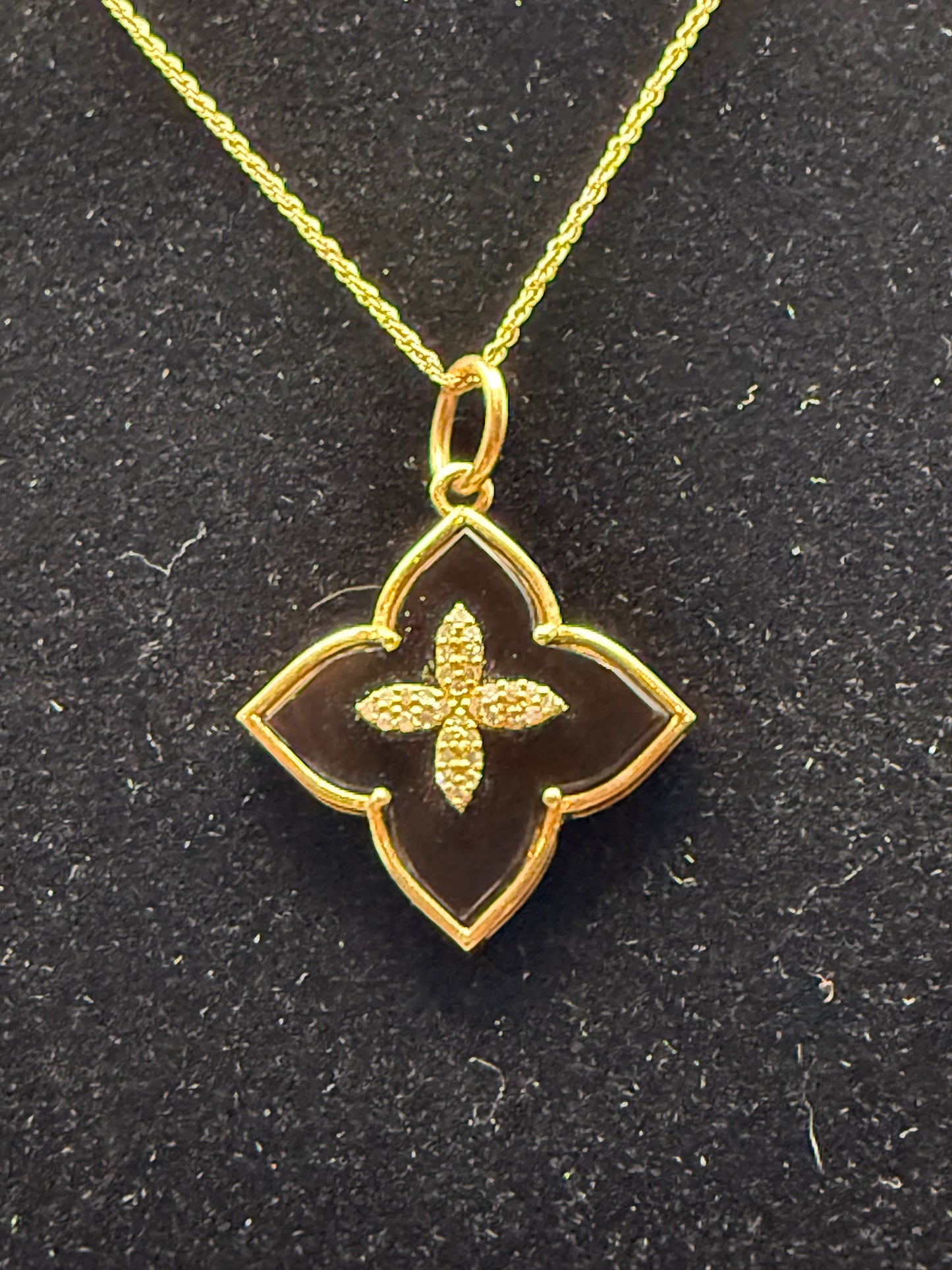 Black Opal Clover Pendant – 14k Yellow Gold with White Diamonds
