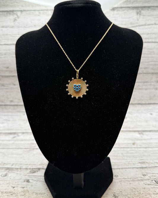 Fluted Disc Heart Pendant – 14k Yellow Gold with Turquoise Cabochons & White Diamonds