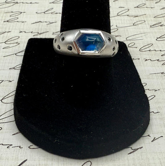 “Moonstruck” Ring with 14K Brushed White Gold, Moonstone, and Montana sapphire