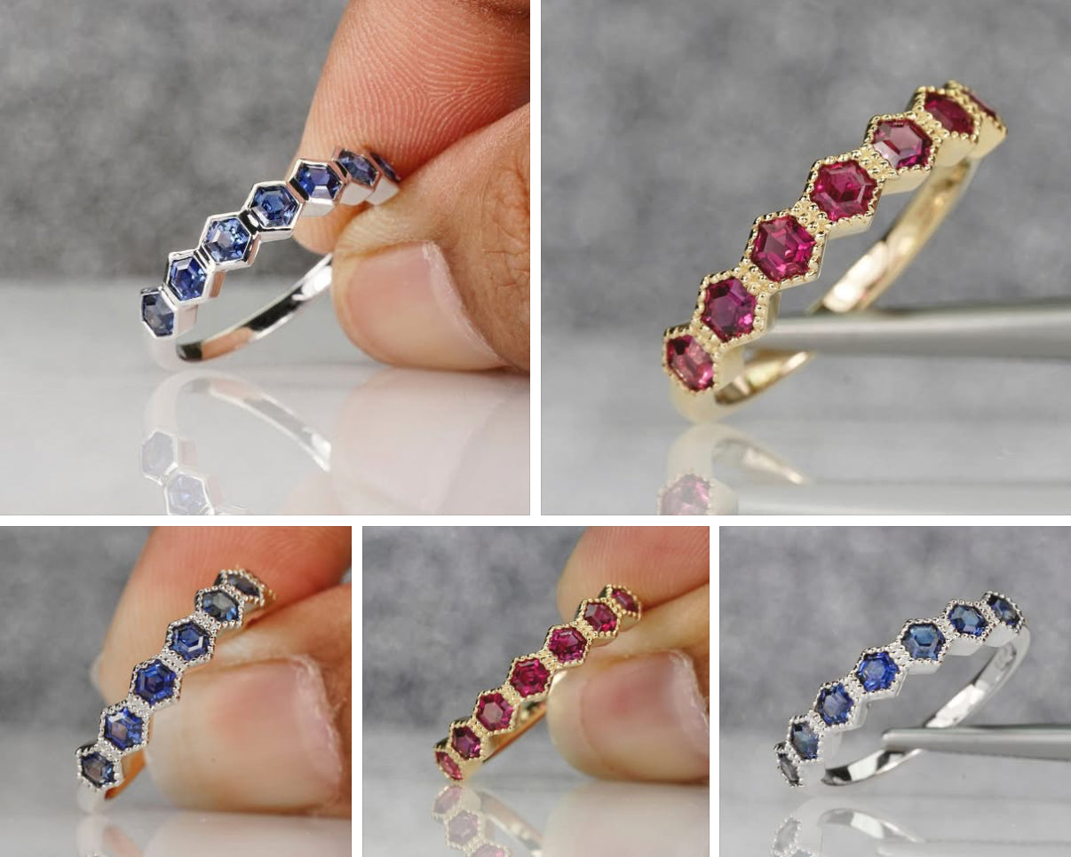 Vintage-Inspired Hexagonal Stack Ring in 14K Gold with Gemtones