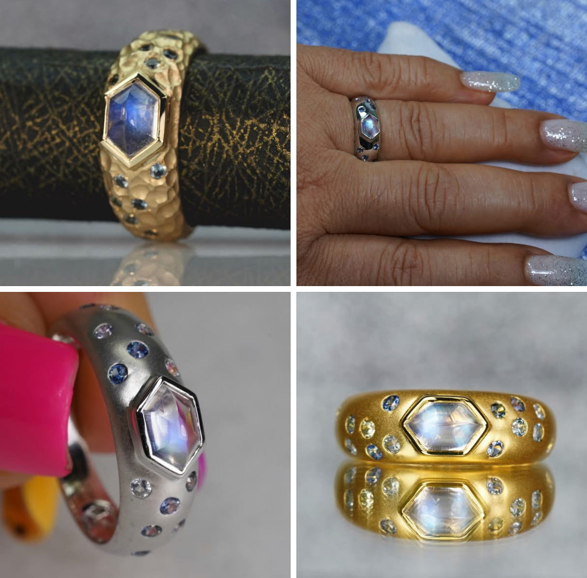 “Moonstruck” Ring with 14K Brushed White Gold, Moonstone, and Montana sapphire