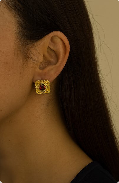 Vintage Inspired Bloom Earrings in 14K Yellow Gold and Red Tourmaline