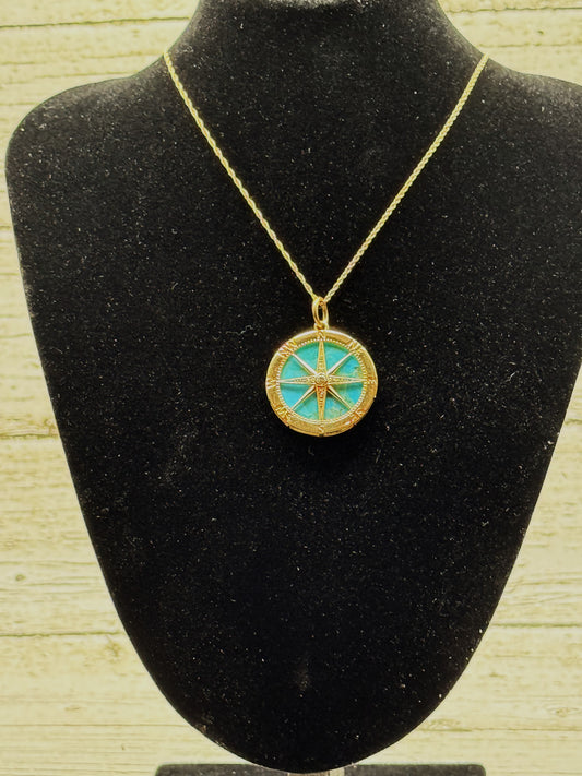 Compass Rose Pendant – 14k Yellow Gold with Turquoise Inlay & White Diamonds