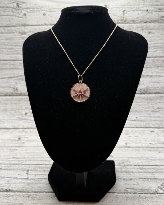 Ruby Starburst Disc Pendant – 14k Yellow Gold, Pink Opal & White Diamonds