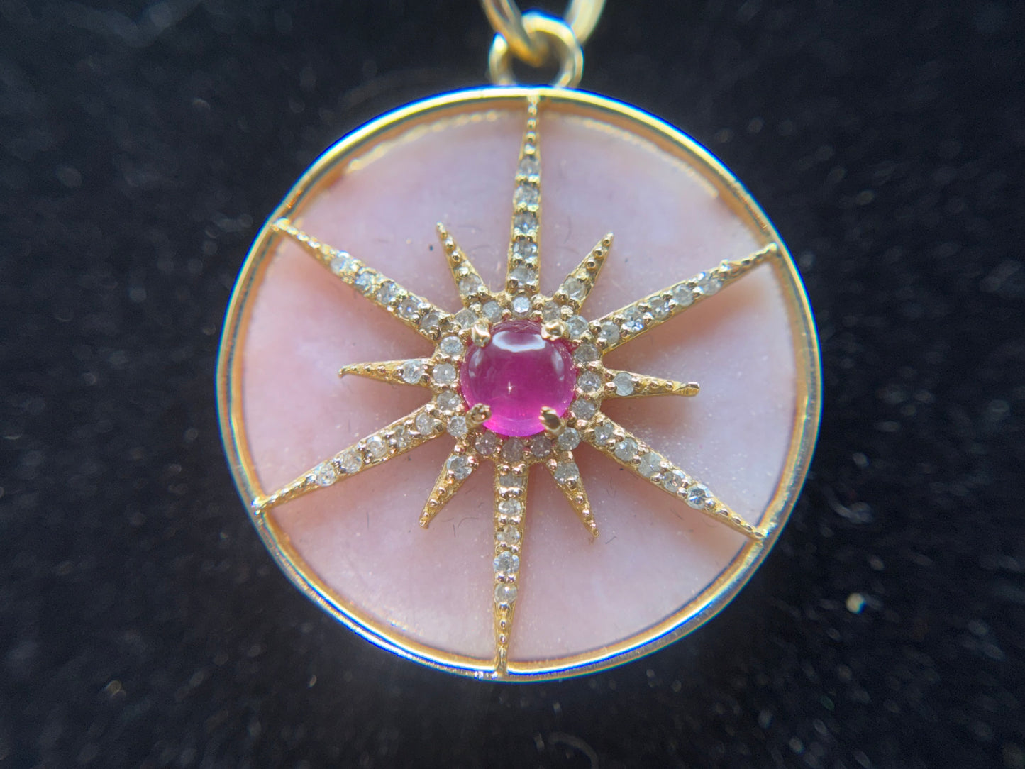 Ruby Starburst Disc Pendant – 14k Yellow Gold, Pink Opal & White Diamonds