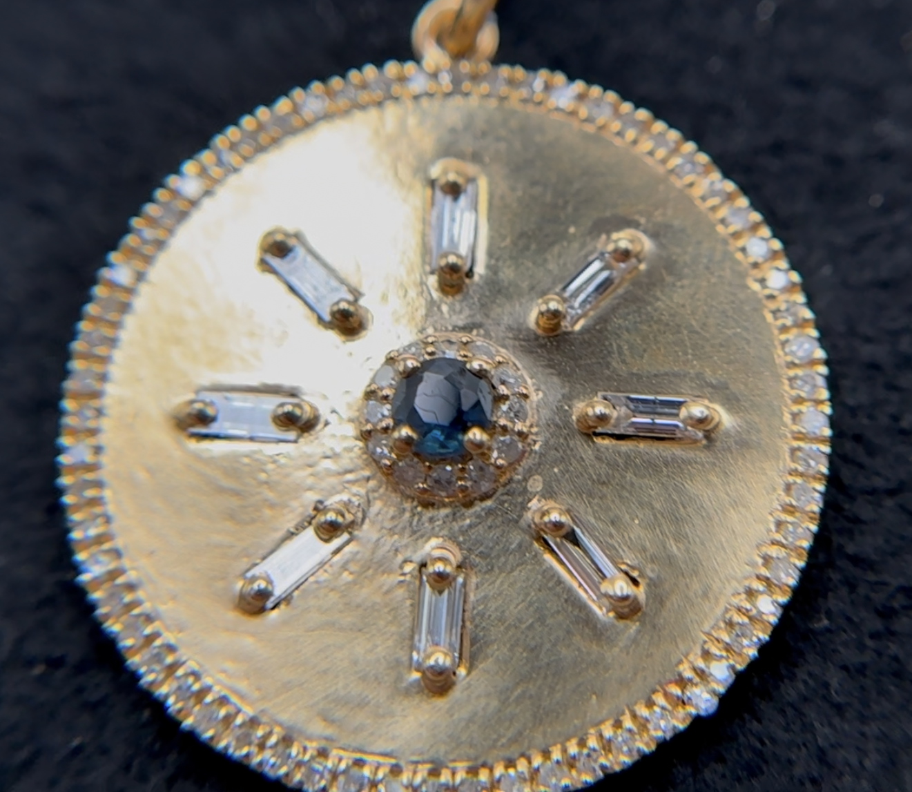 Radiant Starburst Pendant – 14k Yellow Gold with Blue Sapphire & White Diamonds