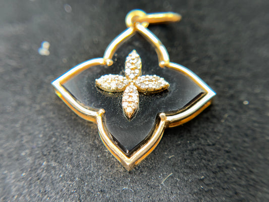 Vintage-Inspired Black Opal Clover Pendant in 14k Yellow Gold with White Diamonds