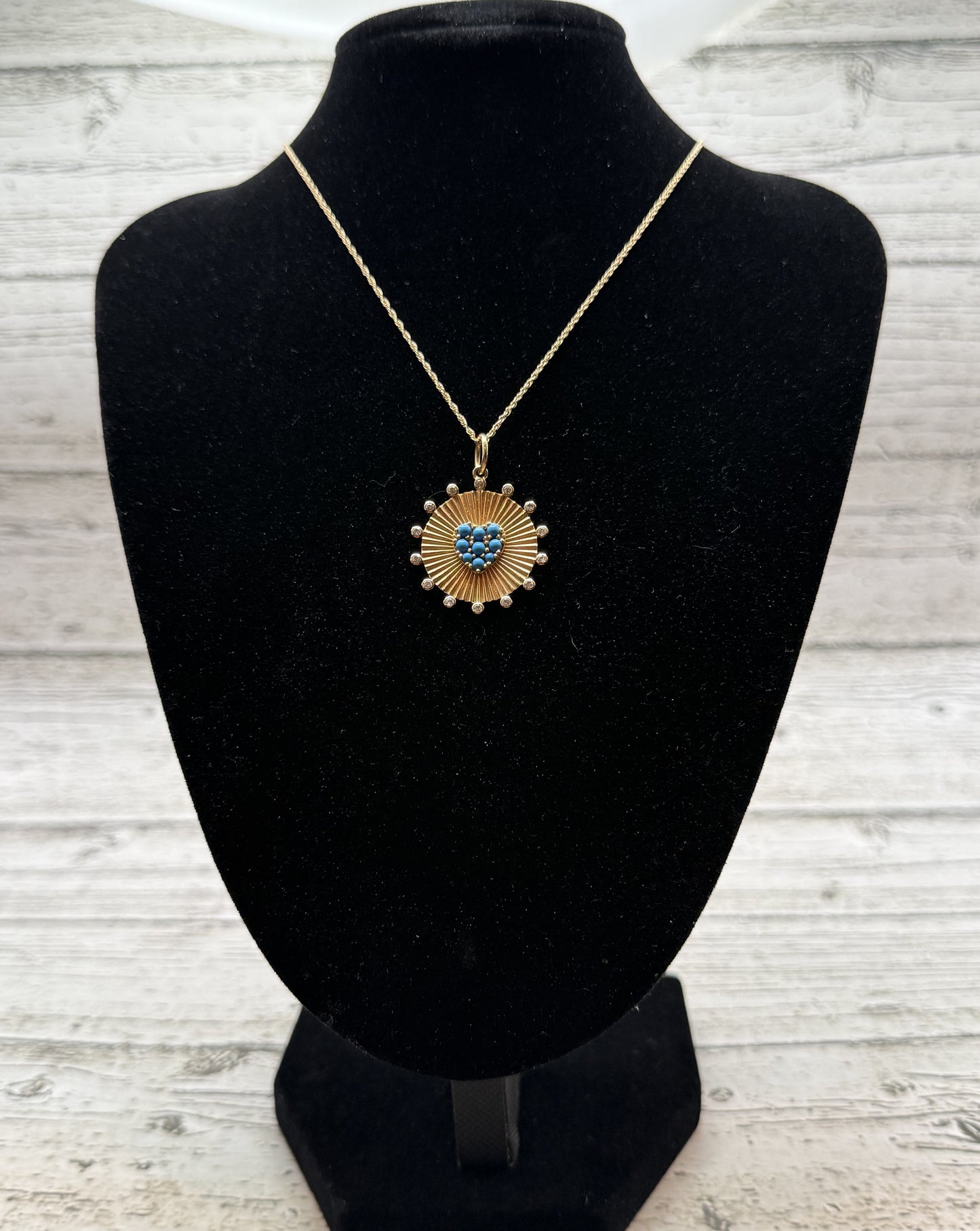 Fluted Disc Heart Pendant – 14k Yellow Gold with Turquoise Cabochons & White Diamonds