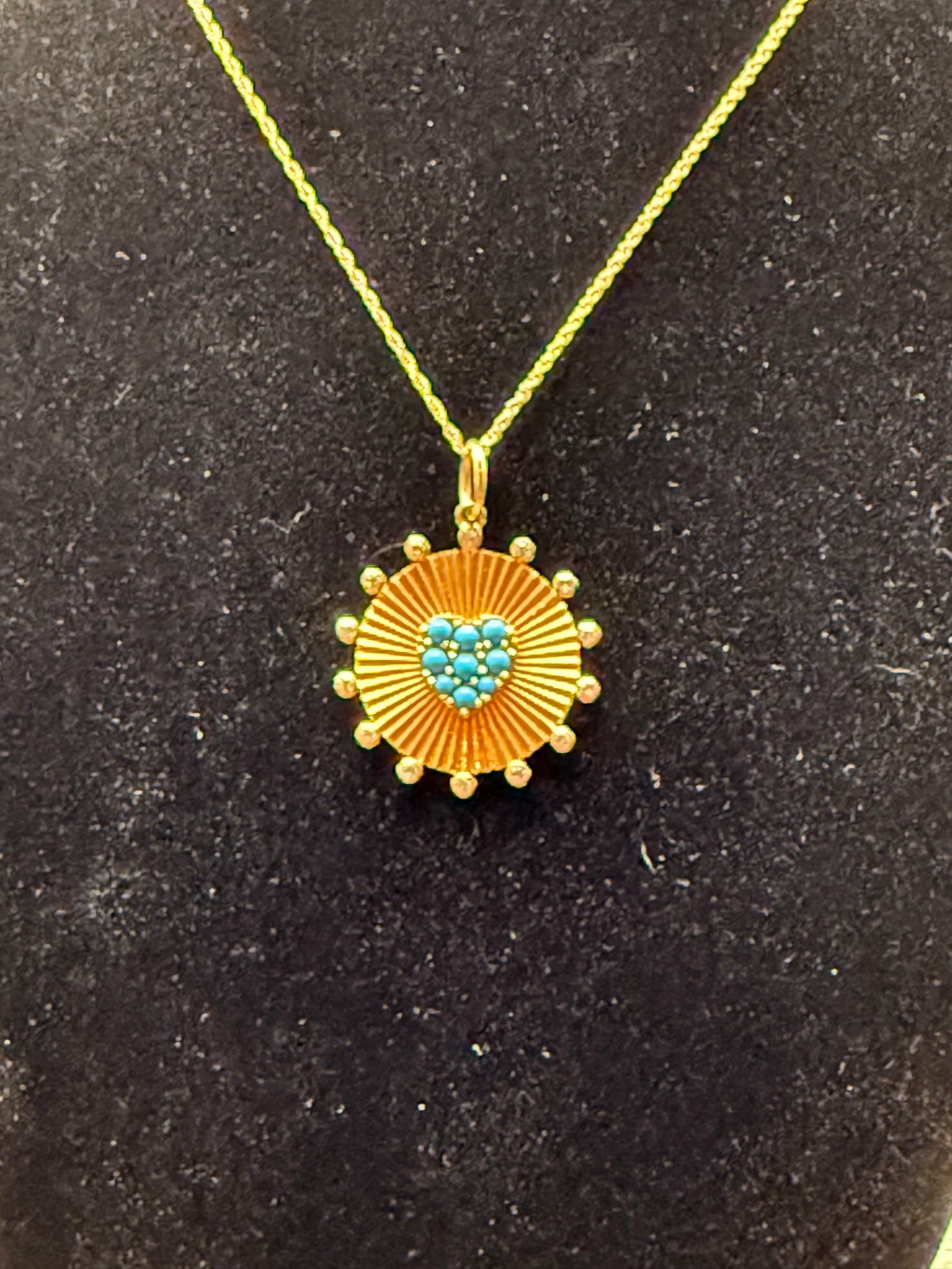Fluted Disc Heart Pendant – 14k Yellow Gold with Turquoise Cabochons & White Diamonds