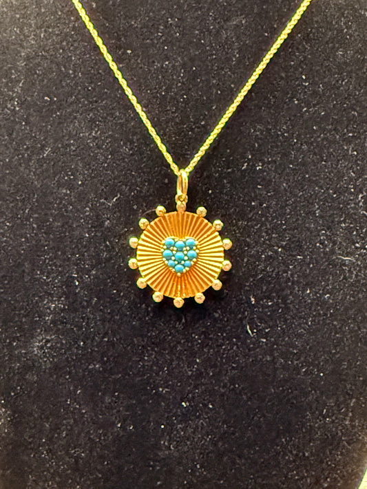 Fluted Disc Heart Pendant – 14k Yellow Gold with Turquoise Cabochons & White Diamonds