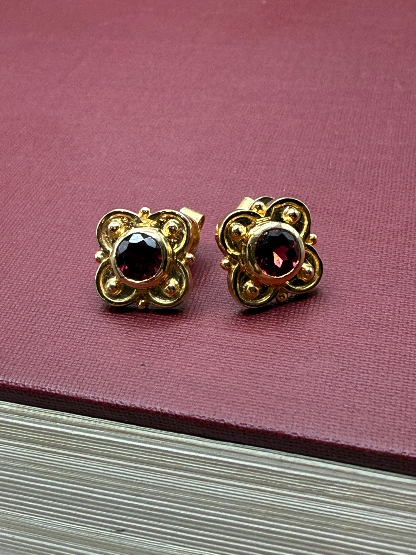 Vintage Inspired Bloom Earrings in 14K Yellow Gold and Red Tourmaline