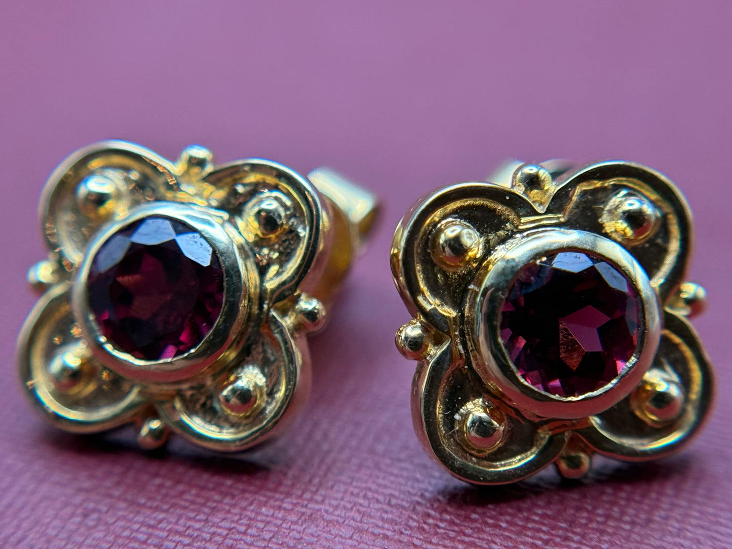 Vintage Inspired Bloom Earrings in 14K Yellow Gold and Red Tourmaline