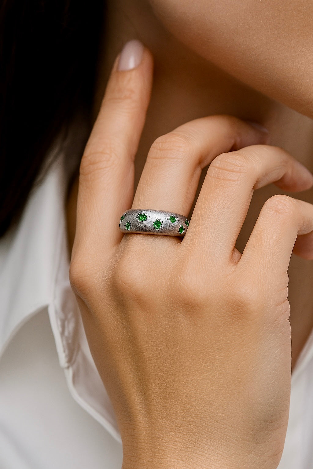 Vintage-Inspired Star Struck Ring in 14K Brushed White Gold with Tsavorite Garnets