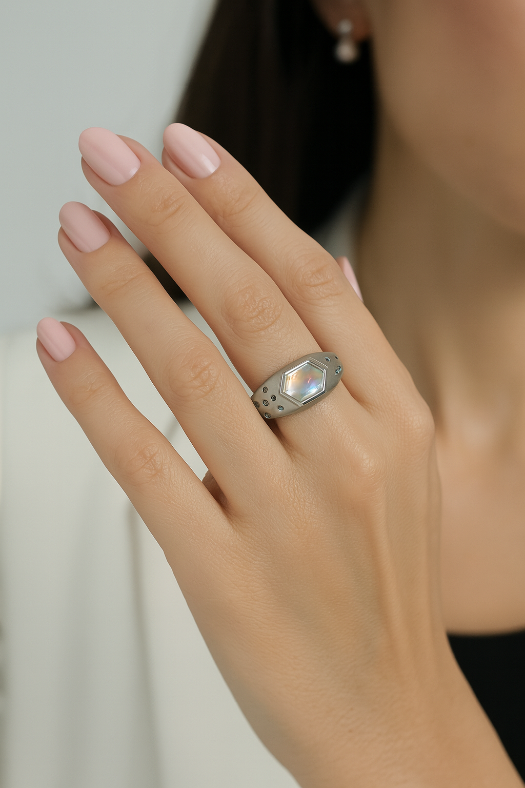 “Moonstruck” Ring with 14K Brushed White Gold, Moonstone, and Montana sapphire