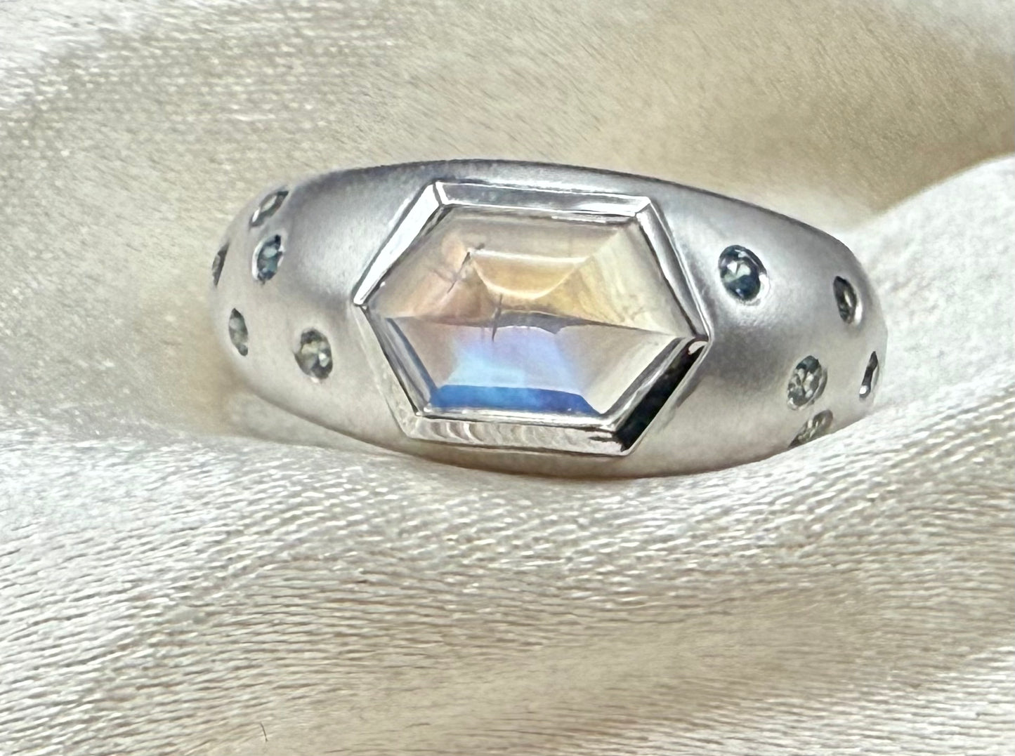 “Moonstruck” Ring with 14K Brushed White Gold, Moonstone, and Montana sapphire