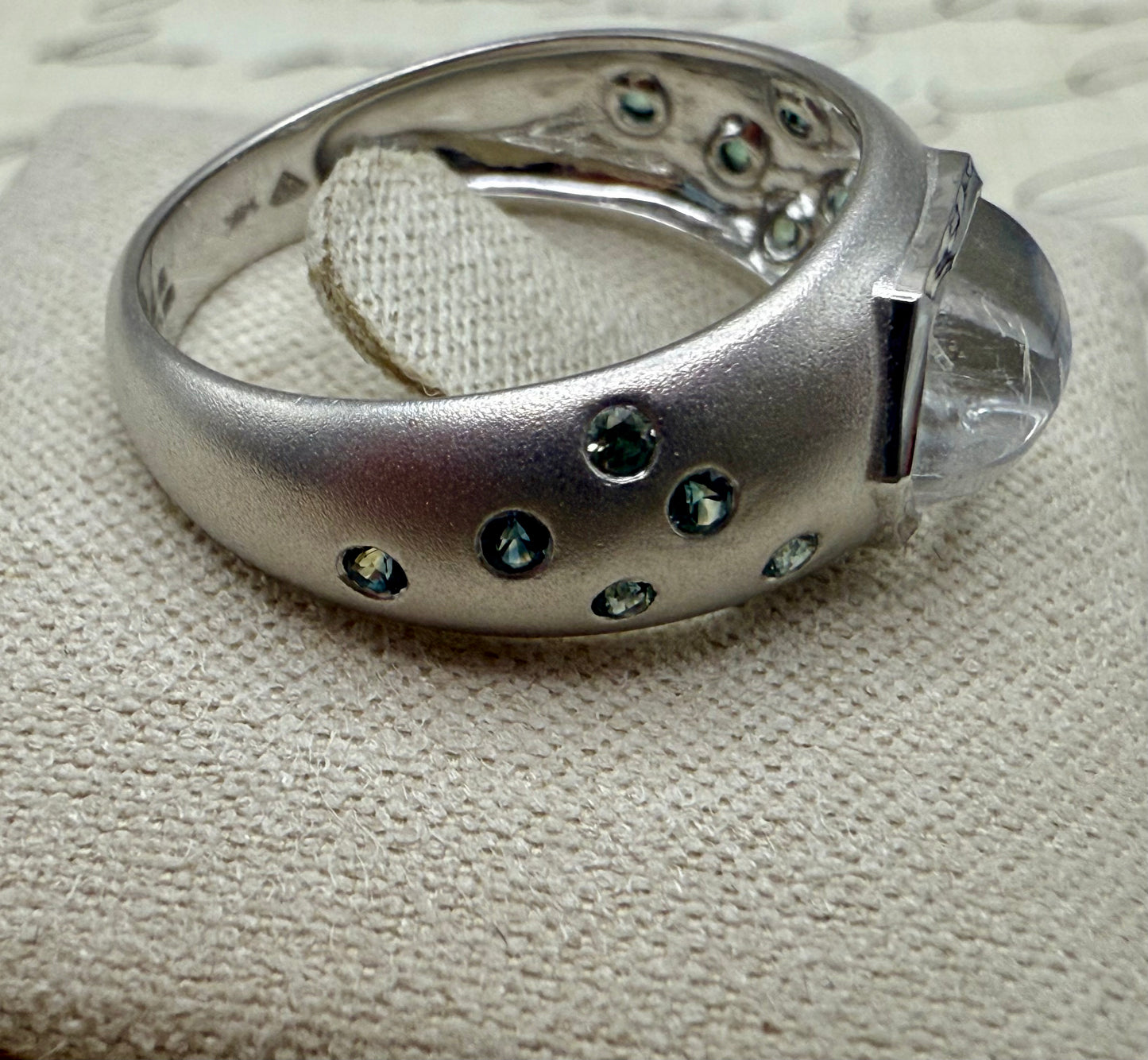 “Moonstruck” Ring with 14K Brushed White Gold, Moonstone, and Montana sapphire