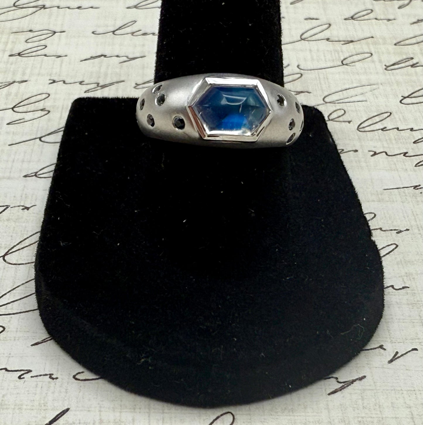“Moonstruck” Ring with 14K Brushed White Gold, Moonstone, and Montana sapphire