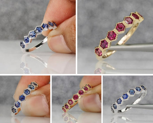 “Hexagonal Hues” 14k Gold Stackable Ring